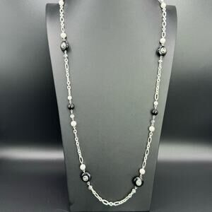 Dana Buchman Black White Long Silver Tone Figaro Chain Beaded Necklace